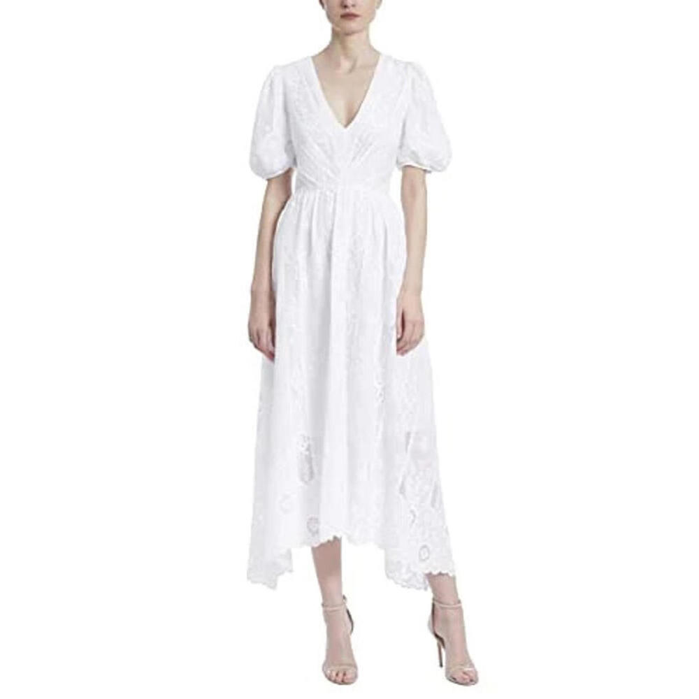 BADGLEY MISCHKA EMBROIDERED EYELET LACE DRESS Puff Sleeves Modest White sz 0